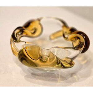 Vintage Czech Skrdlovice MCM Clear Ashtray Honey Color Accents Cigar